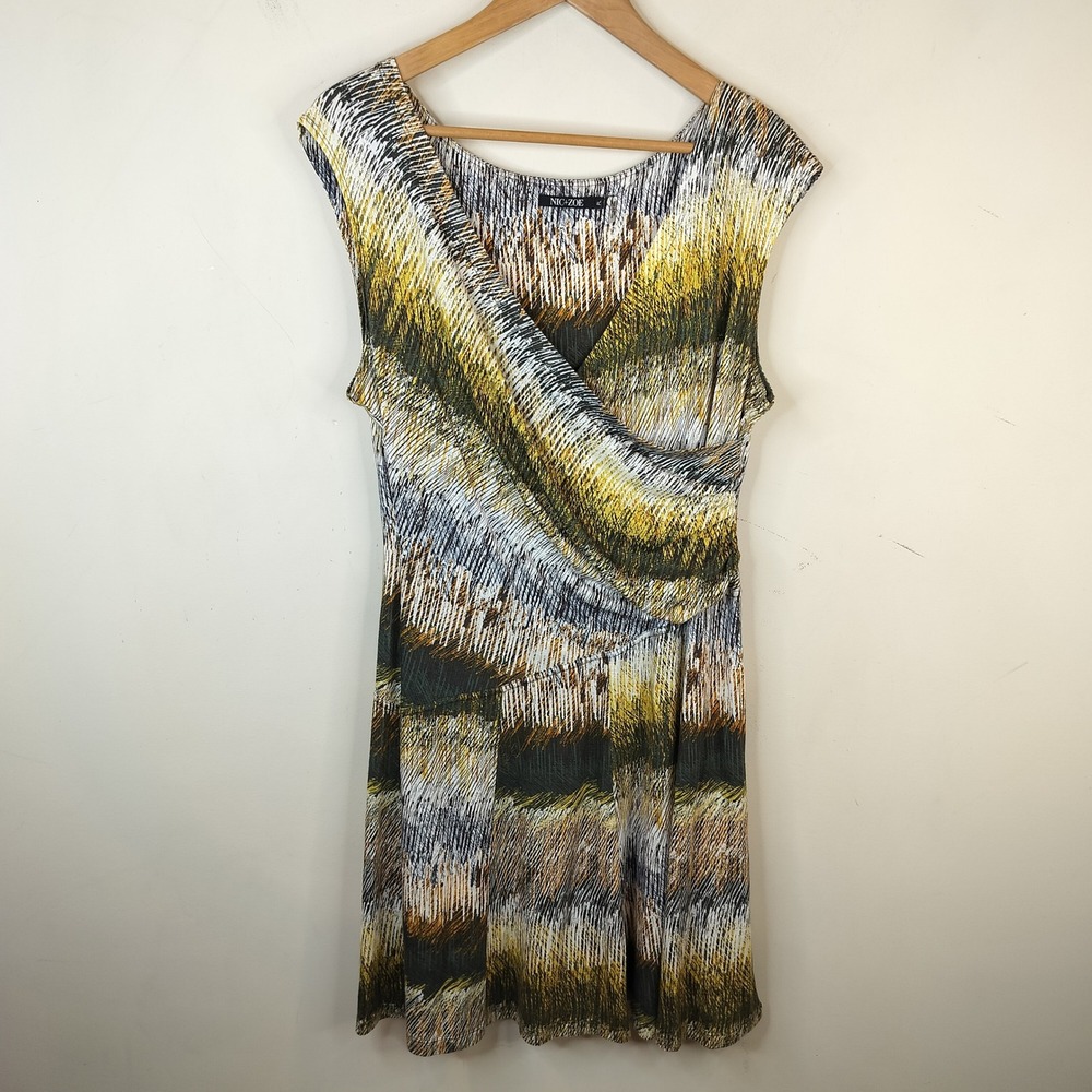 NIC+ZOE Faux Wrap Dress Petite Large PL Womens Abstract Stretch Knit Earthy